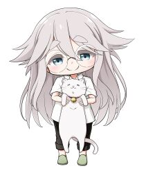 1girl animal bell black_pants blue_eyes cat chibi closed_mouth collared_shirt colored_eyelashes full_body green_shoes grey_hair hair_between_eyes half-closed_eyes head_tilt highres holding holding_animal jingle_bell kuena long_hair looking_at_viewer mono_(afro) neck_bell pants shirt shoes short_eyebrows short_sleeves simple_background smile solo taishou_(mono) thick_eyebrows very_long_hair white_background white_cat white_shirt