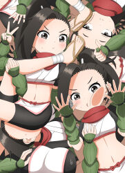 6+girls absurdres against_fourth_wall against_glass ankle_wrap asymmetrical_bangs bike_shorts cheek_press clone crop_top feet fingerless_gloves gloves grabbing_another&#039;s_breast grey_eyes groping hand_on_glass high_ponytail highres ishigakiseiya kunoichi_tsubaki_no_mune_no_uchi multiple_girls navel ponytail red_scarf sandals scarf sitting sitting_on_face sitting_on_person stuck sweatdrop toes too_many tsubaki_(kunoichi_tsubaki_no_mune_no_uchi) upside-down v v-shaped_eyebrows
