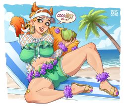 Rule 34 | 1girl, animal ears, brown hair, brown tail, coconut cup, earrings, english text, flower, green eyes, green shorts, highres, hoop earrings, jewelry, marvel, marvel rivals, nail polish, official alternate costume, palm tree, percodine, purple flower, purple nails, sandals, short shorts, shorts, sitting, solo, speech bubble, squirrel, squirrel ears, squirrel girl, squirrel girl (marvel), squirrel girl (sunshine squirrel) (marvel), squirrel tail, tail, toenail polish, toenails, tree, visor cap