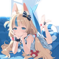 1girl :3 absurdres ahoge animal_ear_fluff animal_ears ankle_ribbon anklet barefoot blonde_hair blue_bow blue_eyes blue_hair blue_scrunchie bow cat_ears cat_girl closed_mouth commentary couch fins fish_tail hair_bow hands_on_own_cheeks hands_on_own_face highres indie_virtual_youtuber indoors jewelry kaniman leg_ribbon lifebuoy lifebuoy_anklet lifebuoy_hair_ornament light_blush long_hair looking_at_viewer lying multicolored_hair on_couch on_stomach ribbon sameko_saba scrunchie shark_girl shark_tail shirt sleeveless sleeveless_shirt smile soles solo streaked_hair swim_ring symbol-only_commentary tail toes virtual_youtuber white_shirt window wrist_scrunchie