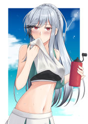 1girl azur_lane bad_id bad_pixiv_id blouse blue_sky blush braid braided_bangs breasts bremerton_(azur_lane) bremerton_(azur_lane)_(cosplay) bremerton_(scorching-hot_training)_(azur_lane) clothes_lift cosplay crown_braid dunkerque_(azur_lane) female_focus highres long_hair looking_at_viewer medium_breasts navel red_eyes shirt shirt_lift silver_hair skirt sky sleeveless sleeveless_shirt solo sports_drink sportswear stomach sweat yamato_(083)