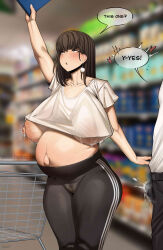 1boy 1girl absurdres areola_slip armpit_hair artist_name big_belly blush breasts brown_eyes brown_hair bulge cameltoe collarbone covered_erect_nipples cowboy_shot curvy earrings ejaculation_under_clothes english_text erection erection_under_clothes female_focus heart highres huge_breasts indoors lactation lactation_through_clothes large_areolae large_nipples long_hair midriff nipple_slip nipples no_bra no_panties one_breast_out original outie_navel pants parted_lips pearl_earrings plump pregnant reaching see-through_clothes shopping_cart signature skin_tight slush5244 solo_focus speech_bubble standing straight_hair supermarket thick_thighs thighs underboob very_long_hair wide_hips yoga_pants