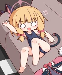 1girl :d barefoot black_one-piece_swimsuit blonde_hair blue_archive blush bow commentary_request couch full_body hair_bow halo hana_kazari headphones highres long_hair lying momoi_(blue_archive) o_o on_back one-piece_swimsuit open_mouth red_bow red_halo smile solo swimsuit unworn_clothes unworn_headphones