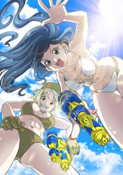 2girls abs azov_battalion bikini blonde_hair blue_hair breasts cloud day earrings fangs from_below front-tie_bikini_top front-tie_top green_bikini grin hand_on_own_hip hat highres holding holding_water_gun japanon jewelry kraken_(japanon) kraken_regiment large_breasts long_hair looking_at_viewer lower_teeth_only marichka medium_breasts multiple_girls muscular muscular_female narrow_waist navel open_mouth original peaked_cap red_eyes russo-ukrainian_war sky smile sunlight swastika_tattoo swimsuit teeth tongue v-shaped_eyebrows water water_drop water_gun waving wavy_hair white_bikini