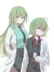 2girls a_oiui ahoge black_necktie black_skirt breasts coat commentary earrings green_eyes green_shirt highres honkai_(series) honkai_impact_3rd id_card jewelry klein_(honkai_impact) lab_coat large_breasts long_hair mobius_(honkai_impact) multiple_girls necktie ouroboros pencil_skirt shirt short_hair simple_background skirt slit_pupils symbol-only_commentary twitter_username white_background white_coat
