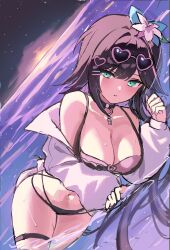 Rule 34 | 1girl, abigail (black survival), absurdres, aqua eyes, bare shoulders, bikini, black bikini, black choker, black hair, black survival, breasts, choker, cleavage, commentary request, dutch angle, eternal return: black survival, flower, hair flower, hair ornament, hairclip, heart, heart-shaped eyewear, heart hair ornament, highres, jacket, korean commentary, large breasts, long hair, long sleeves, looking at viewer, lying, multi-strapped bikini bottom, multicolored bikini, multicolored hair, navel, off shoulder, official alternate costume, on side, parted lips, pink bikini, q cupid p3, solo, stomach, streaked hair, string bikini, sunglasses, swimsuit, thigh strap, thighs, two-tone bikini, very long hair, water, wet, white jacket