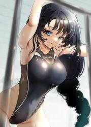Rule 34 | 1girl, agedashi doufu mk23, black hair, black one-piece swimsuit, blue eyes, braid, breasts, commentary request, competition swimsuit, covered navel, cowboy shot, highleg, highleg one-piece swimsuit, highres, large breasts, leaning forward, multicolored swimsuit, one-piece swimsuit, original, parted lips, railing, single braid, smile, solo, swimsuit