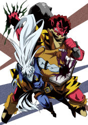 10s 2boys afro akaooni belt blue_eyes book boots club club_(weapon) colored_skin fangs furry furry_male kanabou long_hair male_focus multiple_boys o5o3 oni pants precure red_hair red_skin smile_precure! spiked_club weapon werewolf white_background white_hair wolfrun