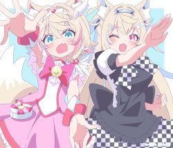 2girls alternate_costume animal_ear_fluff animal_ears blonde_hair blue_eyes blue_hair blush bow checkered_clothes claw_pose commentary_request cosplay cure_happy cure_happy_(cosplay) cure_happy_pose dog_ears dog_girl dog_tail dress fang fuwawa_abyssgard hair_ornament haiyore!_nyaruko-san henshin_pose highres hinata_hirune hololive hololive_english jewelry long_hair mococo_abyssgard multicolored_hair multiple_girls nyarlathotep_(nyaruko-san) nyarlathotep_(nyaruko-san)_(cosplay) one_eye_closed open_hand open_hands open_mouth outstretched_arm outstretched_arms outstretched_hand palms perspective pink_hair precure reaching short_sleeves siblings sisters skin_fang skirt spread_fingers streaked_hair striped_tail tail twins virtual_youtuber