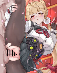 1boy 1girl :o absurdres alice_thymefield animal_ears bar_censor black_skirt blonde_hair blush breasts censored commentary daram_(shappydude) fingerless_gloves gloves hand_on_own_leg heart hetero heterochromia highres indoors large_breasts large_variant_set long_hair orange_eyes pantyhose penis pleated_skirt red_eyes revision sex shirt skirt split standing standing_on_one_leg standing_sex standing_split sweat torn_clothes torn_pantyhose vaginal variant_set white_shirt zenless_zone_zero