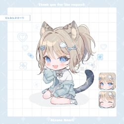 1girl :3 ^_^ animal_ear_fluff animal_ears aoi_(kirabosi105) artist_name blue_border blue_eyes blue_jacket blue_shoes blush border bow bowtie brown_hair cat_ears cat_girl cat_tail chibi chibi_only closed_eyes closed_mouth collared_shirt commentary_request commission commissioner_name crossed_bandaids dress_shirt grey_bow grey_bowtie grey_skirt grey_tail grid_background hair_ornament heart indie_virtual_youtuber jacket long_sleeves looking_at_viewer mafuyu_(vtuber) medium_hair miniskirt multiple_expressions outline pleated_skirt ponytail shirt shoes single_off_shoulder sitting skeb_commission skirt socks solo tail tail_ornament tenshi_kaiwai thank_you v-shaped_eyebrows variant_set virtual_youtuber wariza watermark watermark_grid white_background white_outline white_shirt white_socks x_hair_ornament