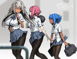 Rule 34 | 3girls, black pantyhose, blue eyes, blue hair, breasts, carrying bag, dark-skinned female, dark skin, dated, food, grey hair, hair between eyes, highres, large breasts, long hair, medium breasts, multiple girls, one eye closed, original, pantyhose, pink hair, pleated skirt, popsicle, red eyes, school uniform, shirt, short hair, signature, skirt, small breasts, takada kazuhiro, white shirt