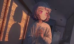 1girl window_blinds calendar_(object) commentary_request highres indoors magan0301 original own_hands_together parted_lips phone pink_eyes pink_hair refrigerator short_hair solo sunlight sunrise sweater twilight upper_body white_sweater