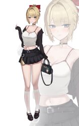 1girl absurdres alternate_costume astra_yao bag belt binu_(nadenade) black_belt black_choker black_jacket black_nails black_shoes black_skirt blonde_hair blush bow bra bra_strap breasts camisole character_charm charm_(object) choker cleavage collarbone evelyn_chevalier full_body hair_bow hair_up hand_up highres holding holding_bag jacket kneehighs large_breasts looking_at_viewer midriff mole mole_under_eye nail_polish navel o-ring parted_lips pendant_choker purple_eyes red_bow shoes skirt sleeves_past_wrists socks solo tassel thighs underwear uneven_bangs white_bra white_camisole white_socks zenless_zone_zero zoom_layer