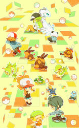 &gt;_&lt; 2girls 3boys baseball_cap bianca_(pokemon) black_hat black_pants black_shirt blonde_hair blue_jacket brown_hair brown_pants cheren_(pokemon) chibi chibi_only dewott emboar fushitasu gen_5_pokemon green_hat hat hilbert_(pokemon) hilda_(pokemon) holding_hands jacket legendary_pokemon multiple_boys multiple_girls n_(pokemon) nintendo orange_shirt oshawott pants pignite poke_ball pokemon pokemon_(creature) pokemon_bw red_hat reshiram samurott serperior servine shirt shorts sitting skirt snivy tepig white_hat white_skirt