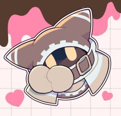 Rule 34 | alternate color, belt, belt buckle, brown belt, brown cloak, brown gloves, brown hood, buckle, chocolate, cloak, commentary, gloves, grid background, heart, hood, hood up, kirby (series), looking at viewer, magolor, ni re, nintendo, no humans, outline, own hands together, rayman limbs, solo, white outline, yellow eyes