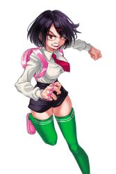 1girl backpack bag black_hair black_shorts brass_knuckles clenched_teeth collared_shirt commentary english_commentary foot_out_of_frame green_thighhighs highres kunio-kun_series laz_gm long_sleeves looking_at_viewer misako_(kunio-kun) necktie pink_bag pink_shoes red_eyes red_lips red_necktie river_city_girls shirt shirt_tucked_in shoes short_hair shorts simple_background solo spiked_knuckles teeth thighhighs weapon white_background white_shirt