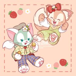 1boy 1girl animal_ears animification bear bear_ears bear_girl bow cat cat_boy cat_ears duffy_and_friends gelatoni highres linabell long_sleeves looking_at_viewer no_humans shirt smile standing stuffed_animal stuffed_toy takatmaorange