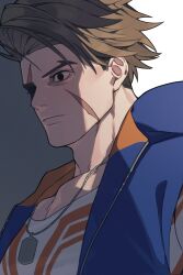 Rule 34 | 1boy, absurdres, black eyes, blue hoodie, closed mouth, collarbone, commentary request, dog tags, empty eyes, facial scar, highres, hood, hood down, hoodie, luke sullivan, male focus, prat rat, print shirt, scar, scar across eye, scar on cheek, scar on face, shaded face, shirt, sleeveless, sleeveless hoodie, solo, street fighter, street fighter 6, unzipped, upper body, zipper