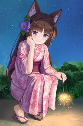 1girl absurdres animal_ears brown_hair brown_sandals cat_ears closed_mouth commentary_request fireworks flip-flops flower full_body hair_flower hair_ornament hand_up heart heart_in_eye highres holding holding_fireworks iroha_(iroha_matsurika) japanese_clothes kimono long_hair long_sleeves mutsuki_(iroha_(iroha_matsurika)) night night_sky obi original outdoors pink_kimono purple_eyes purple_flower sandals sash senkou_hanabi sky smile solo sparkler squatting star_(sky) starry_sky symbol_in_eye very_long_hair wide_sleeves yukata