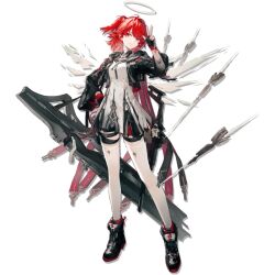 1girl arknights artist_request black_gloves black_jacket breasts detached_wings dress energy_wings exusiai_(arknights) exusiai_the_new_covenant_(arknights) fingerless_gloves full_body game_cg gloves halo jacket looking_at_viewer medium_breasts medium_hair red_hair smile solo standing thighhighs third-party_source three-finger_salute traditional_halo transparent_background white_dress white_halo white_thighhighs wings