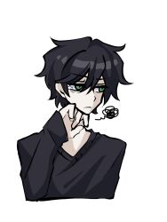 1boy andrew_graves ashleygrav84480 black_hair black_sweater green_eyes highres looking_to_the_side male_focus short_hair simple_background solo speech_bubble sweater the_coffin_of_andy_and_leyley upper_body white_background