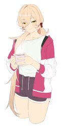 1girl akitetsu blonde_hair blush breasts cup dolphin_shorts hair_over_one_eye highres holding holding_cup jacket large_breasts long_hair looking_at_viewer low_ponytail nijisanji nui_sociere open_clothes open_jacket ponytail short_shorts shorts smile solo very_long_hair yellow_eyes