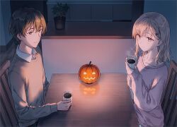 Rule 34 | 1boy, 1girl, asamura yuuta, ayase saki, blonde hair, brother and sister, brother and step-sister, brown hair, brown sweater, chair, closed mouth, collarbone, collared shirt, commentary request, cup, drink, gimai seikatsu, green eyes, hair ornament, hairclip, hiten (hitenkei), holding, holding cup, holding drink, jack-o&#039;-lantern, light smile, long sleeves, medium hair, novel illustration, official alternate hair length, official alternate hairstyle, official art, pink shirt, plant, potted plant, pumpkin, purple eyes, second-party source, shirt, short hair, siblings, sitting, step-brother and step-sister, step-siblings, sweater, table, textless version, white shirt, wooden chair, wooden table