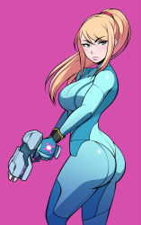1girl ass blonde_hair blue_eyes breasts female_focus gun highres jam-orbital large_breasts metroid mole nintendo ponytail samus_aran solo weapon zero_suit