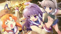Rule 34 | 1boy, 3girls, angry, animal, animal on head, artist request, blonde hair, blue eyes, blue pants, blue skirt, blush stickers, boar, book, botan (clannad), brown hair, brown jacket, chair, chalkboard, clannad, classroom, closed eyes, crossover, desk, fujibayashi kyou, game cg, hair ribbon, highres, higurashi no naku koro ni, higurashi no naku koro ni mei, hikarizaka private high school uniform, holding, holding book, indoors, jacket, kicking, long hair, long sleeves, midair, multiple girls, non-web source, official art, on head, open mouth, orange hair, pants, punching, purple eyes, purple hair, ribbon, ryuuguu rena, sakagami tomoyo, school chair, school desk, school uniform, shoes, skirt, smile, socks, sparkle, sunohara youhei, white ribbon, white shoes, white socks
