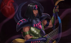 Rule 34 | 1boy, armor, bishounen, black hair, black nails, blunt bangs, blunt ends, bob cut, dark-skinned male, dark skin, fang, fingernails, floating, floating object, floating organs, green armor, harp, heart (organ), highres, holding, holding harp, holding instrument, instrument, looking at viewer, male focus, metal wings, midostree-art, music, nail polish, open mouth, pauldrons, playing instrument, purple armor, saint seiya, short hair, shoulder armor, solo, specter (saint seiya), sphinx pharaoh, two-tone armor, upper body, very dark skin, yellow eyes