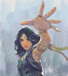 Rule 34 | 1girl, artist name, black hair, blood, blood on face, body markings, clair obscur: expedition 33, commentary, english commentary, grey background, kiasherria, lune (clair obscur: expedition 33), medium hair, outstretched arm, solo, standing, watermark