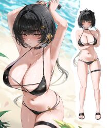 1girl =_hair_ornament absurdres arm_under_breasts bare_shoulders beach bikini black_bikini black_choker black_hair blush breasts choker cleavage collarbone colored_inner_hair earrings female_rover_(wuthering_waves) food hair_ribbon highres huge_breasts jewelry long_hair looking_at_viewer maoza1 multicolored_hair multiple_views navel parted_lips popsicle ribbon rover_(wuthering_waves) sandals smile solo stomach swimsuit thighs triangle_earrings very_long_hair white_hair wuthering_waves yellow_eyes yellow_ribbon