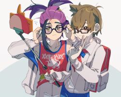 Rule 34 | 2boys, 7 4 noumiso, backpack, bad anatomy, bad hands, bag, bespectacled, black hair, blue shorts, brown eyes, brown hair, florian (pokemon), gen 4 pokemon, glasses, highres, holding, jacket, kieran (pokemon), long sleeves, male focus, messy hair, mole, mole on neck, multiple boys, nintendo, open clothes, open jacket, pokemon, pokemon (creature), pokemon sv, purple hair, red tank top, rotom, rotom phone, round eyewear, selfie, selfie stick, shorts, simple background, tank top, v, white jacket, white shorts