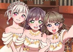 +_plus 3girls :d artist_name bare_shoulders black_hair blurry blurry_background blush bob_cut brown_hair collarbone colored_inner_hair commentary_request diagonal_bangs dress flower flower-shaped_hair fujishima_megumi game_screenshot_background green_eyes grey_hair grin hair_flower hair_intakes hair_ornament highres inverted_bob jewelry link!_like!_love_live! locked_arms looking_at_viewer love_live! multicolored_hair multiple_girls necklace off-shoulder_dress off_shoulder open_mouth otomune_kozue purple_eyes red_hair screenshot_background selfie short_hair smile streaked_hair teeth upper_body virtual_graduation_commemoration virtual_youtuber white_flower yellow_dress yugiri_tsuzuri