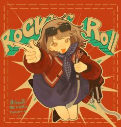 1girl :d backpack bag blue_dress blue_neckerchief brown_hair dress from_above full_body highres holding_strap index_finger_raised inset_border jacket long_sleeves neckerchief oji-sama_(ochi4t) open_mouth orange_eyes outstretched_arm polka_dot_neckerchief puffy_long_sleeves puffy_sleeves red_background red_jacket regulus_(reverse:1999) reverse:1999 short_dress short_hair smile solo sunglasses twitter_username