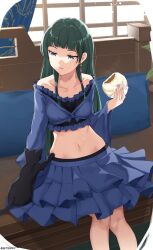 1girl absurdres alternate_costume black_cat blue_eyes blue_skirt breasts cat closed_mouth collarbone commentary commission crop_top earrings feet_out_of_frame food frilled_shirt frills green_hair highres holding holding_food jewelry kusuriya_no_hitorigoto long_hair maomao_(kusuriya_no_hitorigoto) midriff navel off-shoulder_shirt off_shoulder shirt sitting skirt small_breasts solo steamed_bun tetsuffy_(tetsulul)