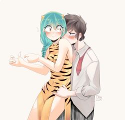 1boy 1girl aged_up animal_print aqua_hair blush braid breasts brown_hair china_dress chinese_clothes commentary cone_horns couple covered_navel dated dress emphasis_lines grabbing_from_behind hands_on_another&#039;s_thighs hetero highres horns lum moroboshi_ataru mosyart necktie pointy_ears print_dress shirt short_hair side_slit signature simple_background thighhighs tiger_print undone_necktie urusei_yatsura white_background white_shirt