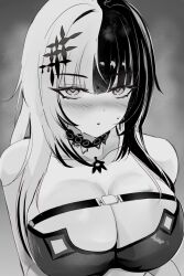 Rule 34 | 1girl, absurdres, blush, breasts, choker, cleavage, greyscale, highres, hololive, hololive english, karu (karusenpai), large breasts, long hair, looking at viewer, monochrome, multicolored hair, shiori novella, shiori novella (1st costume), solo, split-color hair, sweatdrop, virtual youtuber