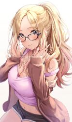 1girl beige_skin blonde_hair blush breasts gakuen_idolmaster glasses gradient_eyes idolmaster large_breasts multicolored_eyes navel oku_1225 ponytail purple_eyes shorts smile sweater white_background yellow_eyesjuo_sena