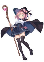 1girl black_skirt green_eyes hat pink_hair skirt staff witch witch_hat