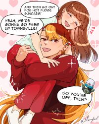 1boy 1girl aged_up aitommylove blush brain_capsule brick_(ppg) brown_hair closed_mouth english_text highres long_hair long_sleeves mojo_jojo open_mouth orange_hair pants powerpuff_girls red_eyes red_hood red_pants robin_snyder_(ppg) rowdyruff_boys shirt speech_bubble white_footwear white_shirt