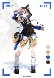 1girl absurdres alternate_costume animal_ear_fluff animal_ears animal_hood bag black_hood black_shoes blue_eyes breasts brown_shorts cat_ears cat_girl cat_hood cipher_(honkai:_star_rail) commentary_request cup disposable_cup grey_hair highres holding holding_cup honkai:_star_rail honkai_(series) hood leg_warmers qianxiang_asuka recording shoes short_hair_with_long_locks shorts shoulder_bag solo viewfinder white_background white_leg_warmers zoom_layer