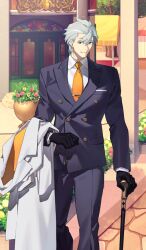 Rule 34 | 1boy, architecture, arm at side, avalon le fae (fate/grand order), black gloves, blue eyes, blue jacket, blue pants, blue suit, broad shoulders, building, buttons, cane, chain, closed mouth, coat, collared shirt, commentary, double-breasted, dress pants, dress shirt, fate/grand order, fate (series), feet out of frame, formal clothes, gloves, grey hair, hair between eyes, hand up, holding, holding cane, holding coat, holding unworn clothes, jacket, lapels, long sleeves, looking at viewer, male focus, necktie, official art, orange necktie, outdoors, pants, peaked lapels, percival (dream portrait) (fate), percival (fate), plant, potted plant, shiramine (srmn09), shirt, short hair, smile, solo, standing, suit, suit jacket, third-party source, tie clip, unworn coat, white coat, white shirt, wing collar