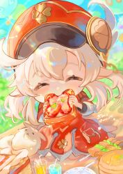 1girl absurdres ahoge artist_name blonde_hair bread bread_slice child closed_eyes closed_mouth commentary cup dress drink drinking_glass drinking_straw eating english_commentary facing_viewer food food_in_mouth fork genshin_impact giuniu_(unc_135) hair_between_eyes hat hat_feather highres holding holding_food klee_(genshin_impact) long_hair long_sleeves mixed-language_commentary newsboy_cap outdoors plate pointy_ears red_dress red_hat smile solo textless_version twintails watermark