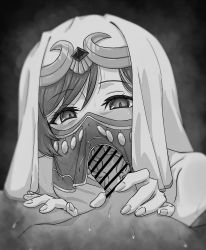 1boy 1girl aijou_karen bar_censor black_background blurry blush censored collarbone commentary_request depth_of_field fellatio fellatio_under_mask fingernails greyscale hair_between_eyes half-closed_eyes hand_on_another&#039;s_thigh hands_up hetero highres kadainist looking_at_viewer monochrome mouth_veil nose_blush nude official_alternate_costume oral penis penis_grab pov saliva see-through_clothes short_hair shoujo_kageki_revue_starlight shoujo_kageki_revue_starlight_-re_live- solo_focus steaming_body sweat tongue tongue_out upper_body veil veins veiny_penis