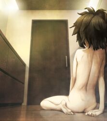 1girl ass back dimples_of_venus fainting feet floor game_cg green_hair highres hiyajou_maho indoors long_hair nude petite sitting steins;gate steins;gate_0
