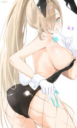 1girl animal_ears ass asuna_(blue_archive) asuna_(bunny)_(blue_archive) black_leotard blue_archive blue_eyes blue_halo blush breasts cosplay cowboy_shot fake_animal_ears fake_tail fishnet_pantyhose fishnets gloves grin hair_ornament halo haruri highres large_breasts leotard light_brown_hair long_hair looking_at_viewer pantyhose playboy_bunny rabbit_ears rabbit_tail smile solo strapless strapless_leotard tail white_gloves