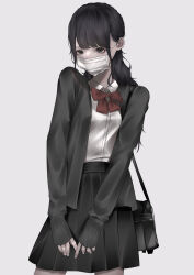 1girl absurdres bag black_bag black_cardigan black_eyes black_hair black_skirt bow bowtie cardigan collared_shirt covered_mouth cowboy_shot eyelashes grey_background grey_nails highres long_hair long_sleeves looking_at_viewer mano_aaa mask mouth_mask open_cardigan open_clothes original pleated_skirt red_bow red_bowtie school_bag school_uniform shirt shirt_tucked_in shoulder_bag simple_background skirt sleeves_past_wrists solo swept_bangs white_shirt