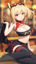 1girl absurdres aviary belt black_belt black_skirt black_thighhighs blonde_hair blurry blurry_background breasts burnice_white cleavage commentary crop_top english_commentary eyewear_on_head highres holding holding_jacket holding_unworn_clothes jacket large_breasts midriff miniskirt navel red-framed_eyewear red_eyes revision sitting skirt solo stomach strapless sunglasses thighhighs tube_top two_side_up unworn_jacket yokozuwari zenless_zone_zero